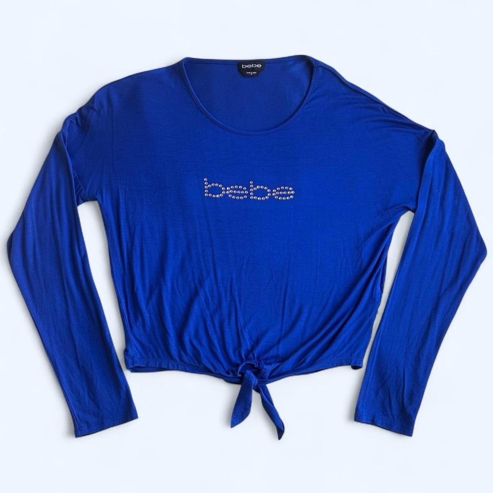 Bebe Blue Long Sleeve T-Shirt with Rhinestone Logo